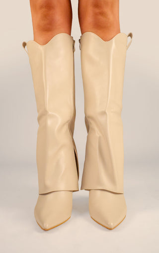 Beige Stiletto PU Leather Fold Over Shark Knee High Boot