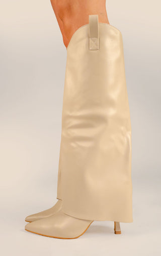 Beige Stiletto PU Leather Fold Over Shark Knee High Boot