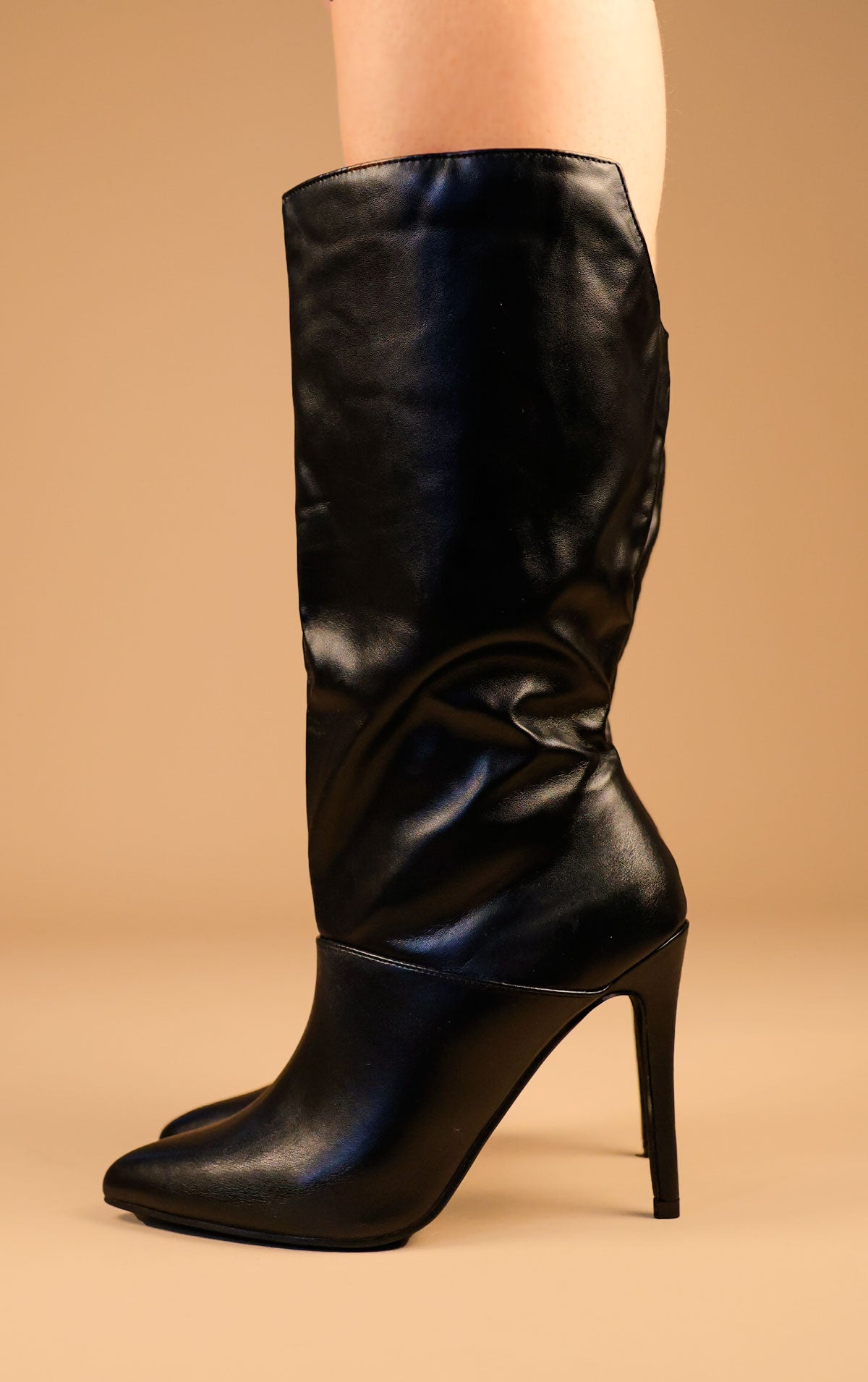 Black PU Leather Stiletto Heel Mid Calf Boots