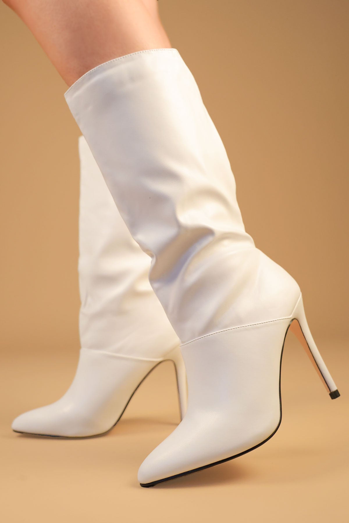 White PU Leather Stiletto Heel Mid Calf Boots