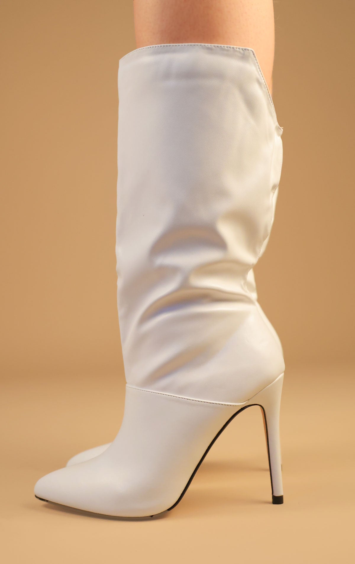 White PU Leather Stiletto Heel Mid Calf Boots