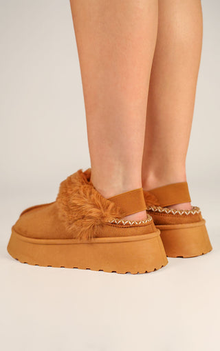 Camel Faux Fur Platform Slingback Aztec Slippers