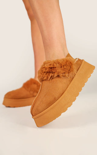 Camel Faux Fur Platform Slingback Aztec Slippers