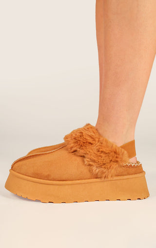 Camel Faux Fur Platform Slingback Aztec Slippers