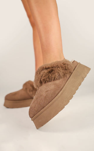 Khaki Faux Fur Platform Slingback Aztec Slippers