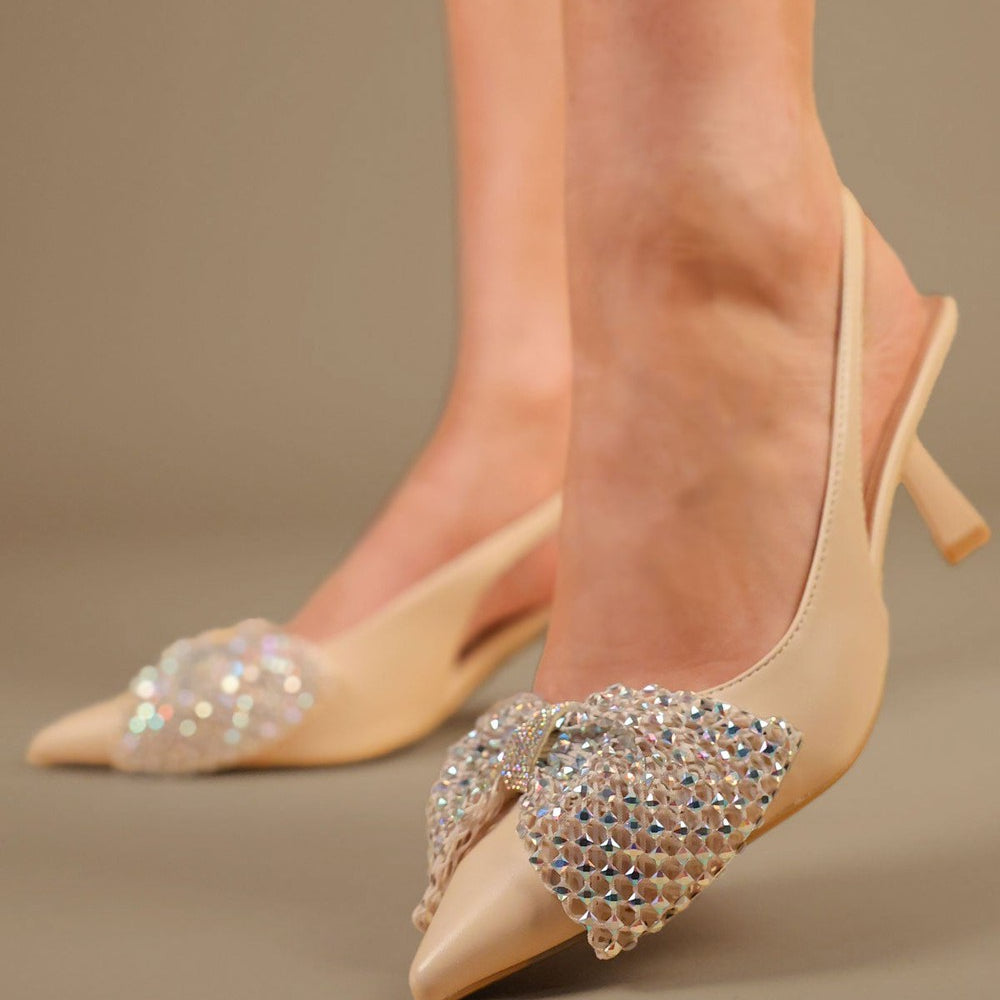 Beige Diamante Bow Design Slingback Kitten Heel Court Shoe