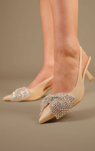 Beige Diamante Bow Design Slingback Kitten Heel Court Shoe