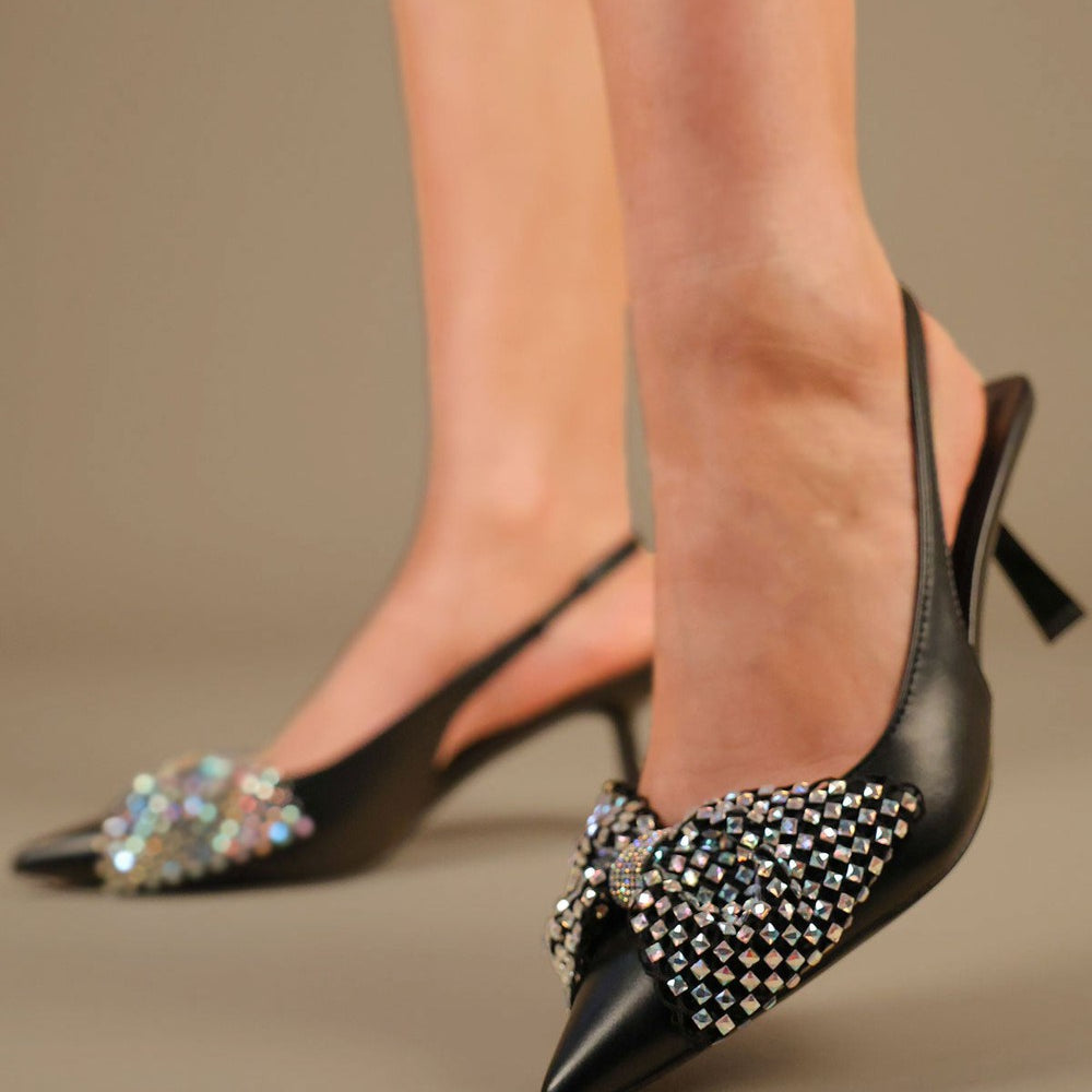 Black Diamante Bow Design Slingback Kitten Heel Court Shoe