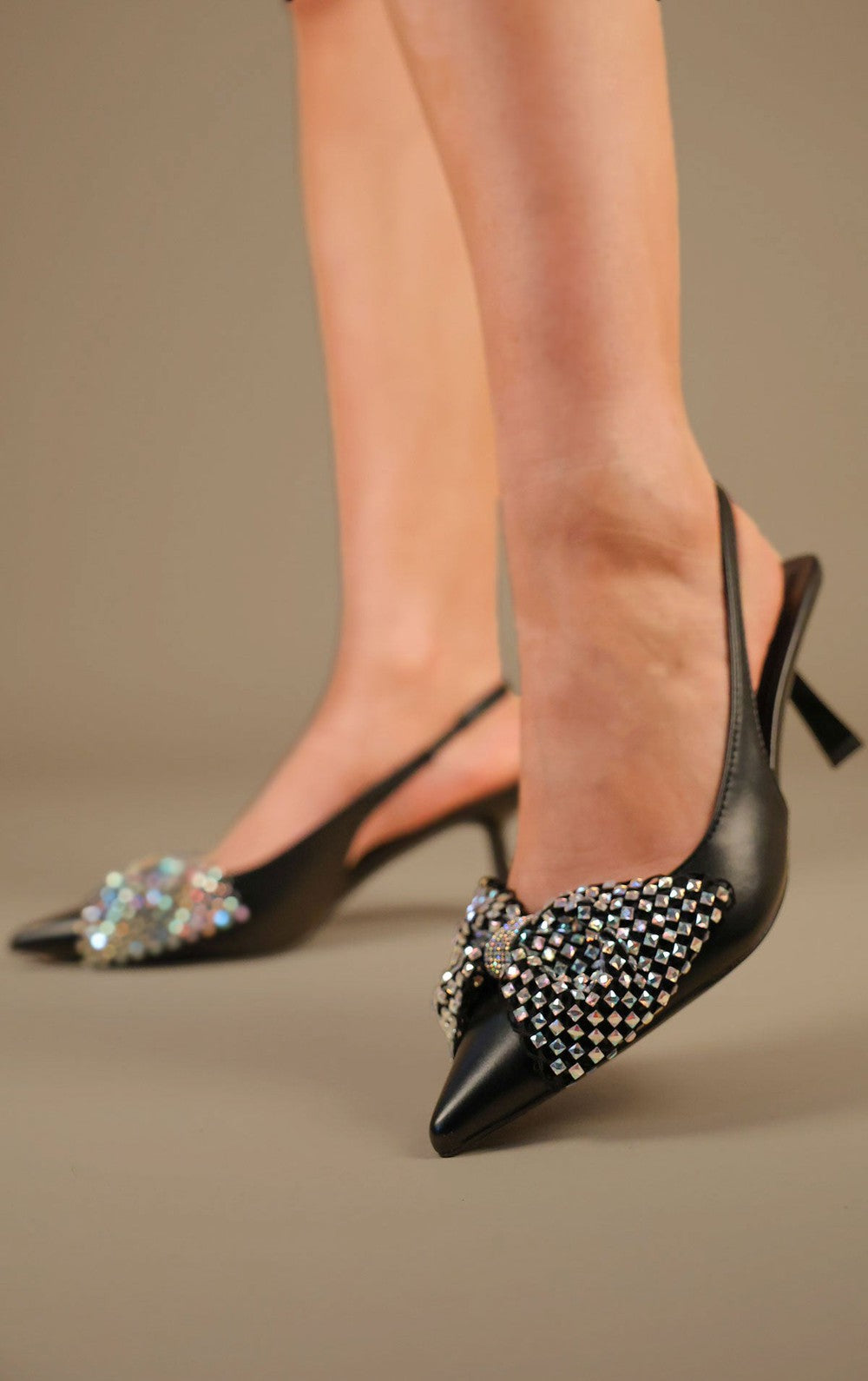 Black Diamante Bow Design Slingback Kitten Heel Court Shoe