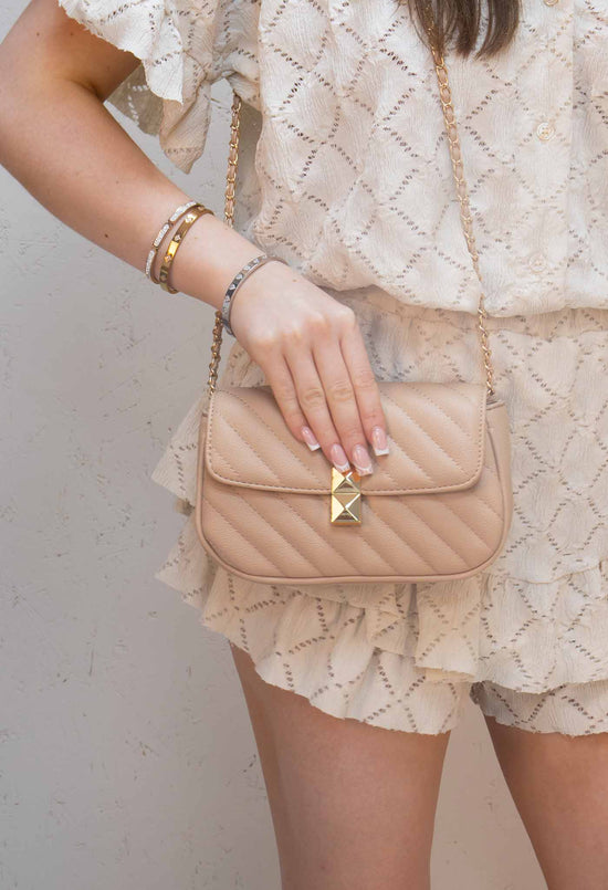 Quilted Patterned PU Leather Cross-Body Beige Bag