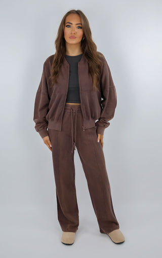 Brown Acid Washed Effect Zip Bomber & Joggers Loungewear Co-ord Set