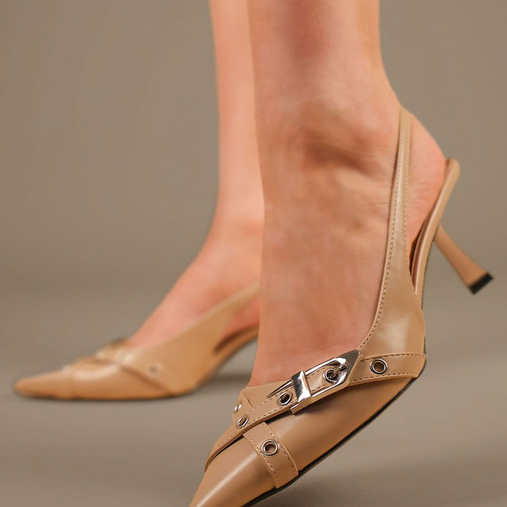 Beige Double Strap Design Slingback Kitten Heel Court Shoe