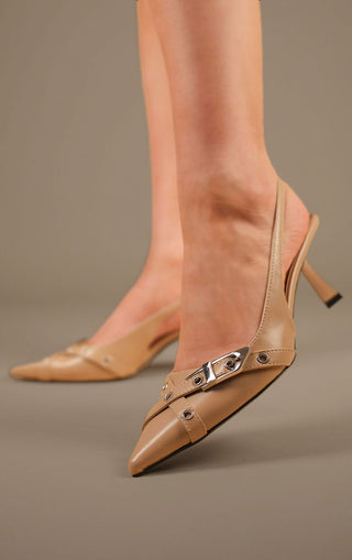 Beige Double Strap Design Slingback Kitten Heel Court Shoe