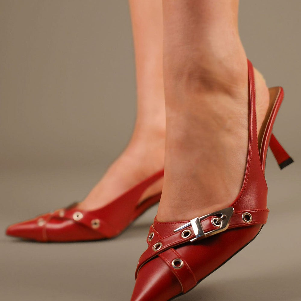 
                      
                        Red Double Strap Design Slingback Kitten Heel Court Shoe
                      
                    