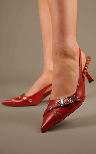 Red Double Strap Design Slingback Kitten Heel Court Shoe