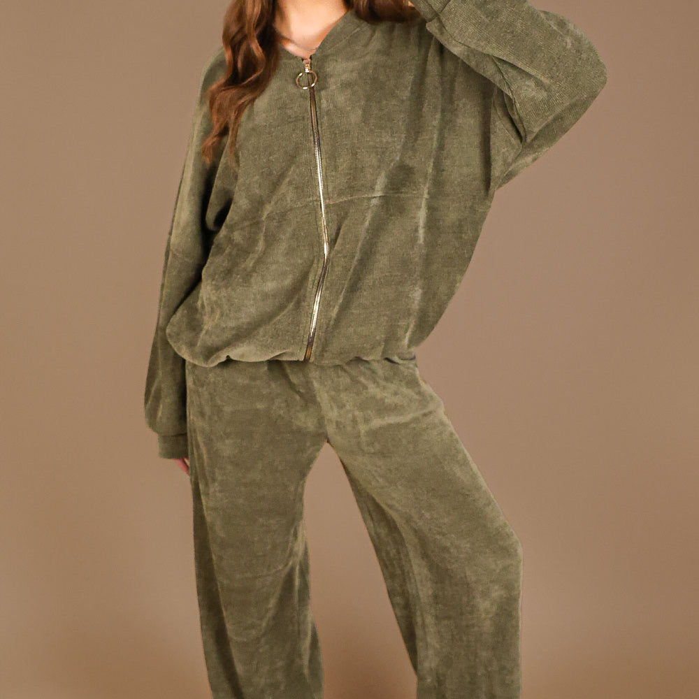 Khaki Straight Leg Trouser and Zip Up Hoodie Loungewear Co-Ord