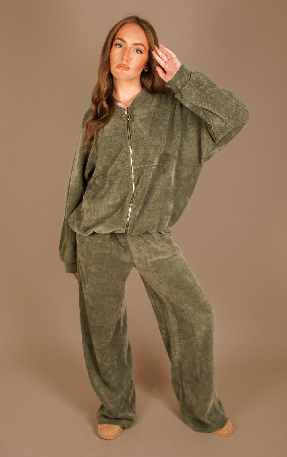 Khaki Straight Leg Trouser and Zip Up Hoodie Loungewear Co-Ord