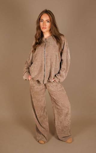 Taupe Straight Leg Trouser and Zip Up Hoodie Loungewear Co-Ord