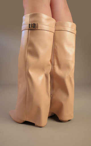 Beige Leather Fold Over Shark Classic Buckle Knee High Boot