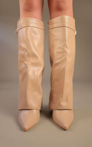 Beige Leather Fold Over Shark Classic Buckle Knee High Boot