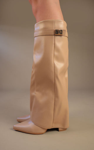 Beige Leather Fold Over Shark Classic Buckle Knee High Boot