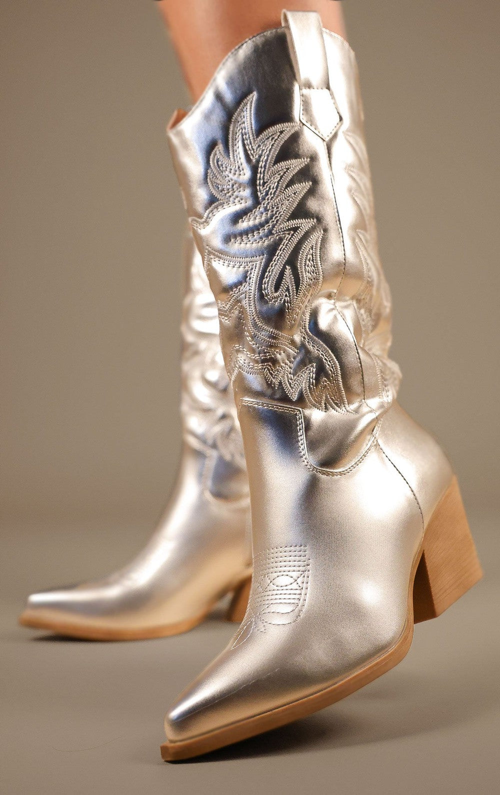 Silver Metallic Mid Length PU Western Cowboy Boot