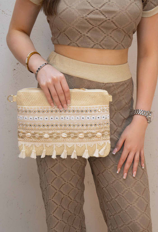 Boho Woven Shell Design Fringe Clutch Bag