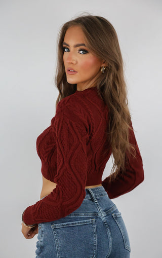 Burgundy Cropped Cable Knit Chunky Jumper