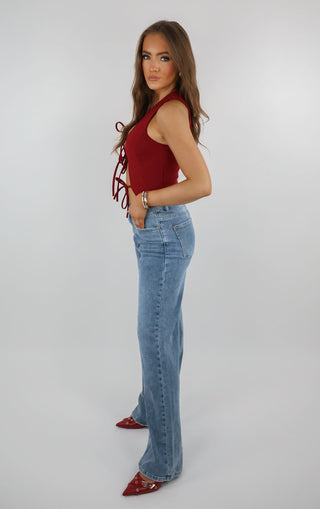 Blue Denim Stretchy Straight Leg Jeans