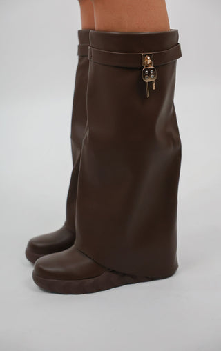 Brown Wedge PU Leather Fold Over Shark Lock Detail Knee High Boot