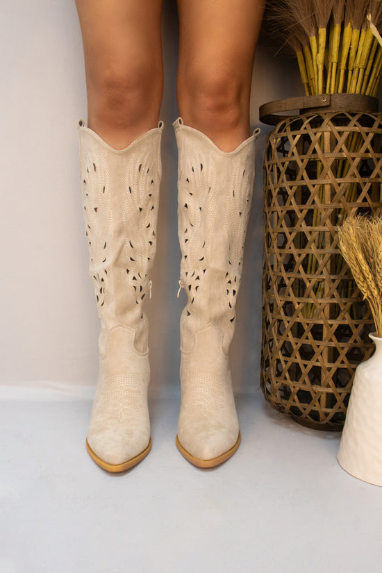 Beige Long Classic Western Cut Out Cowboy Boot
