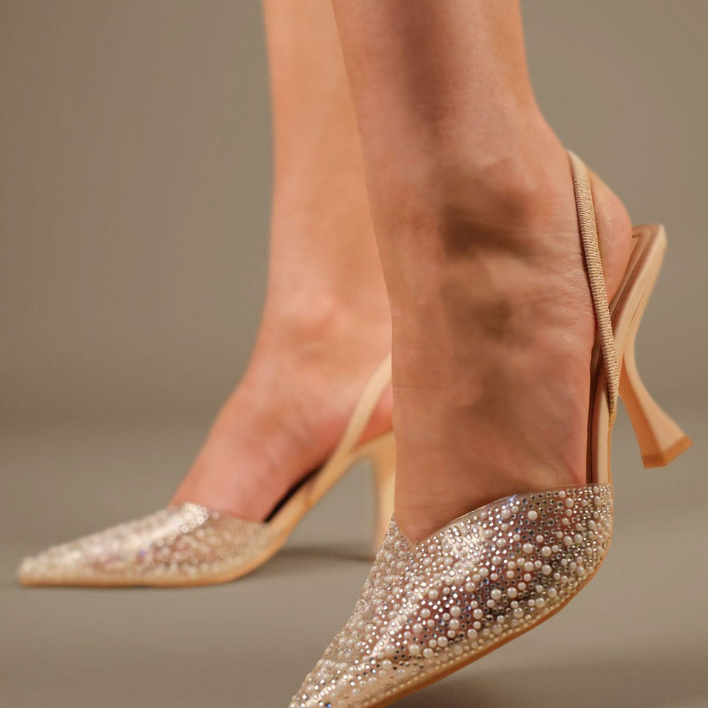 Beige Pearl/Diamante Clear Slingback Heel Court Shoe