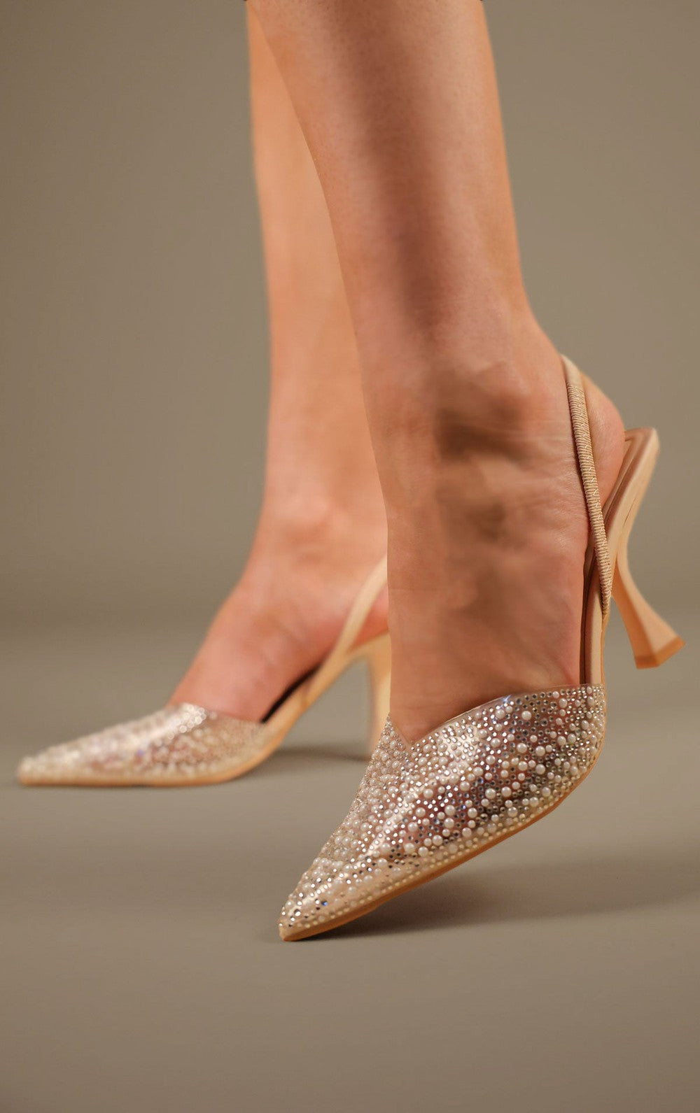 Beige Pearl/Diamante Clear Slingback Heel Court Shoe