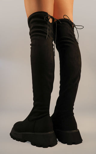 Black Faux Suede Leather Chunky Platform Thigh High Boots