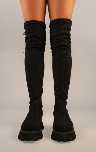 Black Faux Suede Leather Chunky Platform Thigh High Boots