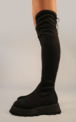 Black Faux Suede Leather Chunky Platform Thigh High Boots