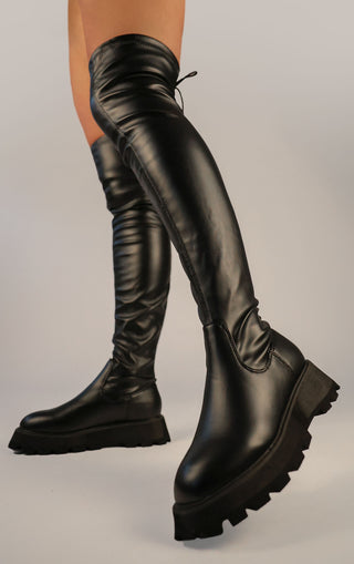 Black PU Leather Chunky Platform Thigh High Boots