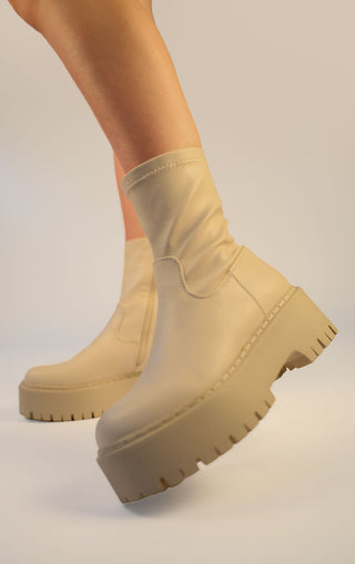 Beige PU Leather Chunky Ankle Boots