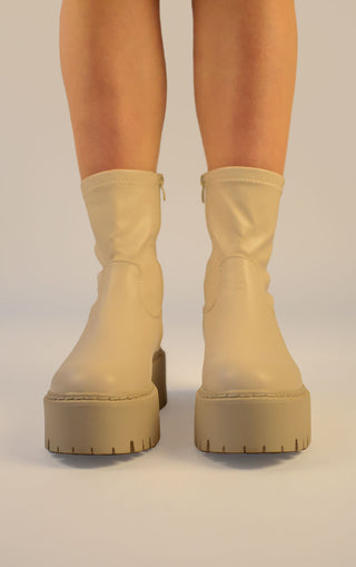 Beige PU Leather Chunky Ankle Boots