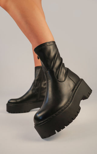 Black PU Leather Chunky Ankle Boots