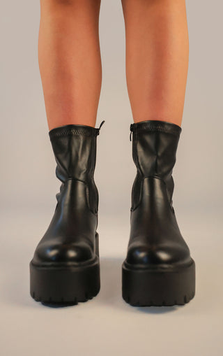 Black PU Leather Chunky Ankle Boots