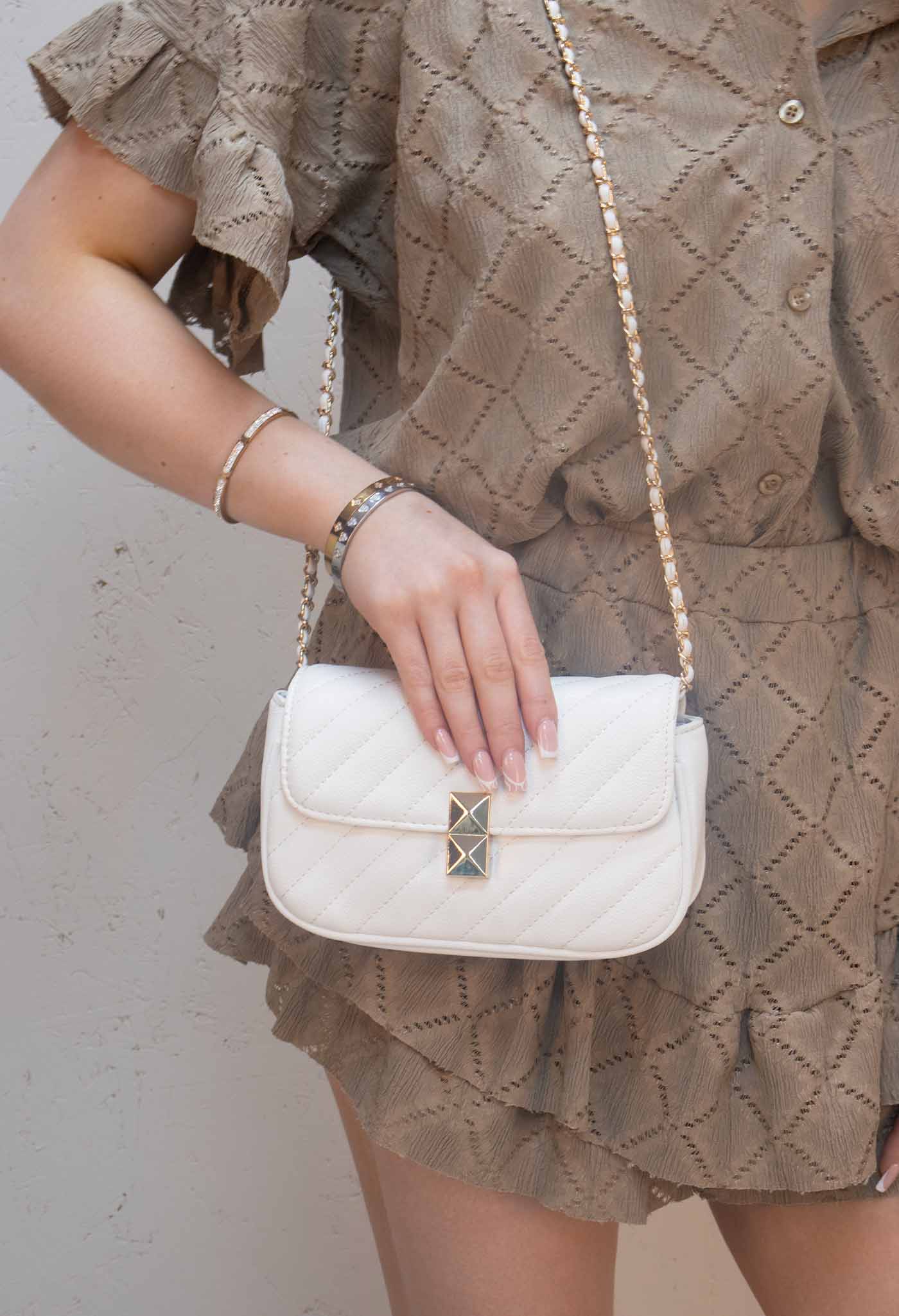 Quilted Patterned PU Leather Cross-Body White Bag