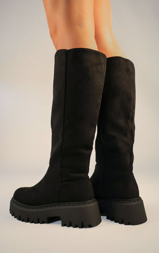 Black Faux Suede Chunky Round Toe Knee High Fold Over Boots