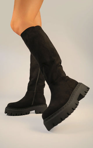 Black Faux Suede Chunky Round Toe Knee High Fold Over Boots