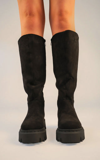 Black Faux Suede Chunky Round Toe Knee High Fold Over Boots