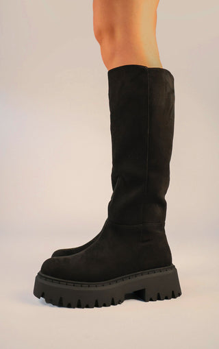 Black Faux Suede Chunky Round Toe Knee High Fold Over Boots