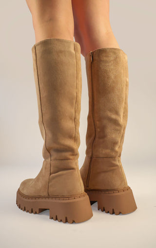 Khaki Faux Suede Chunky Round Toe Knee High Fold Over Boots