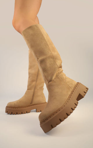 Khaki Faux Suede Chunky Round Toe Knee High Fold Over Boots