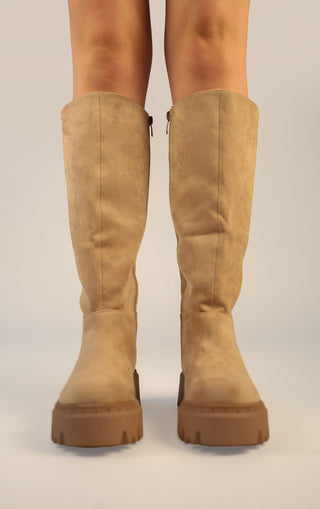 Khaki Faux Suede Chunky Round Toe Knee High Fold Over Boots