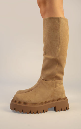 Khaki Faux Suede Chunky Round Toe Knee High Fold Over Boots